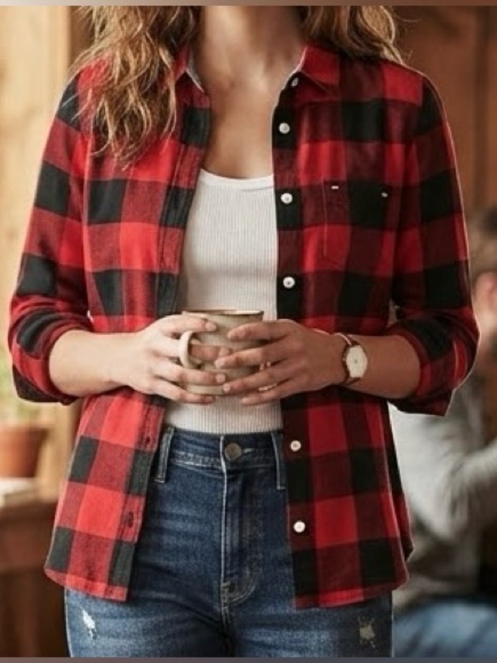 Tommy Hilfiger Red Black Buffalo Plaid Flannel Button Down Shirt Medium Roll Tab